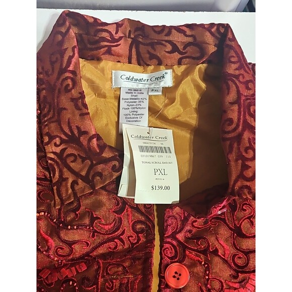 NEW COLDWATER CREEK SZ pxl RED EMBROIDERED/BEADED/SEQUINED/SCROLL FLOCKED JACKET - Picture 2 of 10